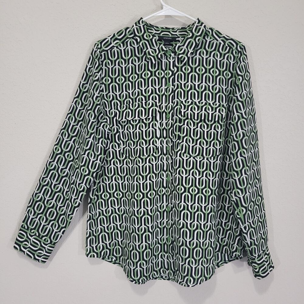 Alfani Womens Blouse Size Large Geometric Button Up Shirt Green Black Office Mod